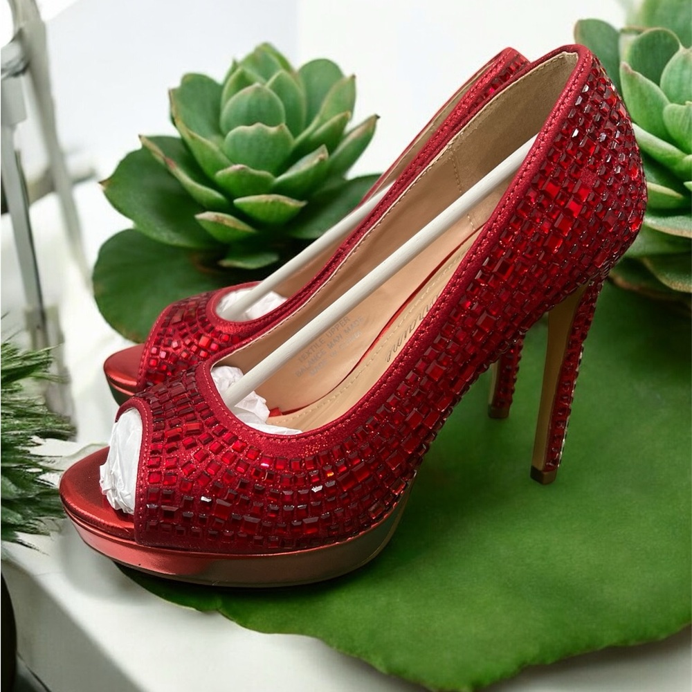 Lauren Lorraine Red Crystal Peep-Toe Heels